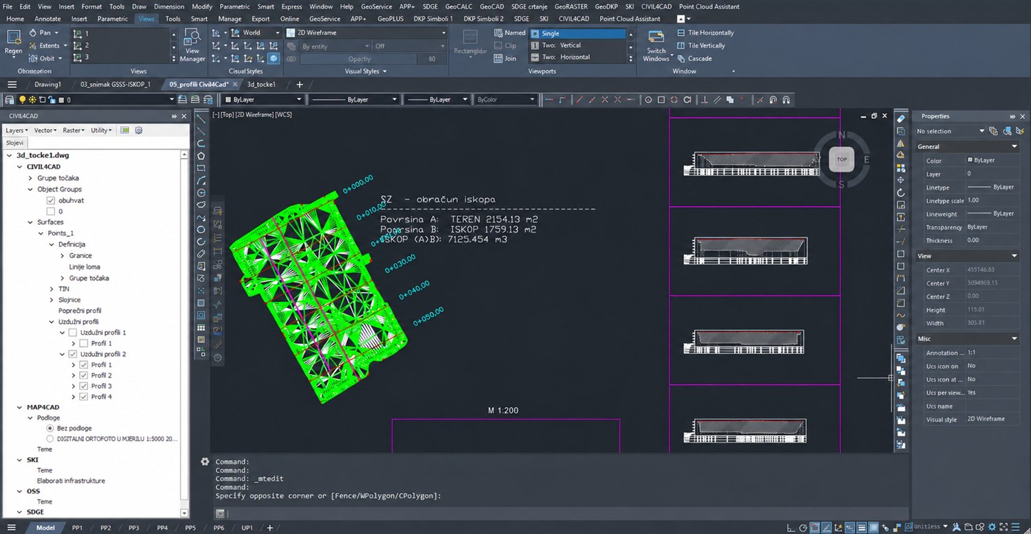 GeoPLUS CIVIL4CAD — obračun iskopa, TIN model i profili u CAD sučelju